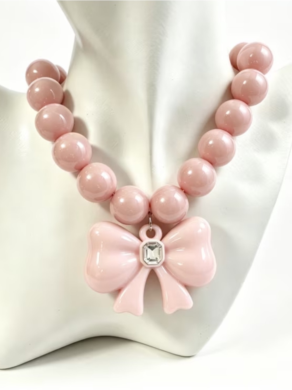 Chunky Pink Bow Pendant Pearlescent Bead Choker Necklace